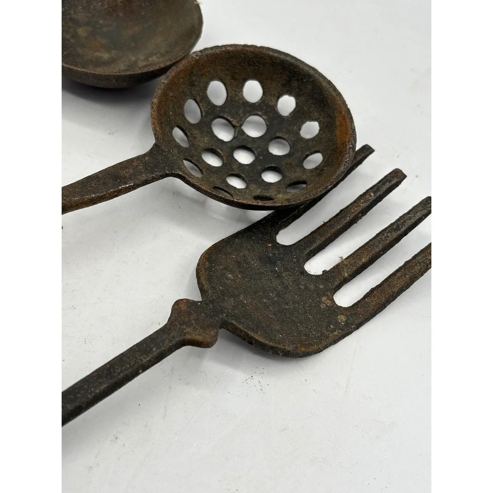 Vintage 4 Piece Cast Iron Kitchen Utensils Hanging Rustic Primitive Patina Farm